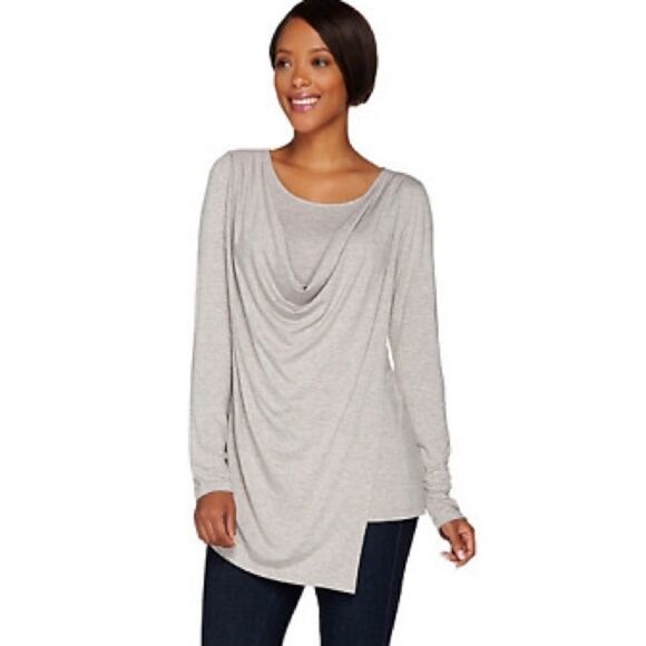 H by Halston Gray Wrap Front Cowl Neck Knit Top - Picture 1 of 7